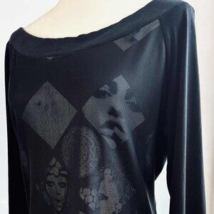 Vintage Simon Chang Black Pop Art Mesh Layered Long Sleeve Top – US M
